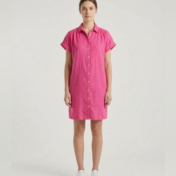 J. Crew Dresses & Skirts - J. Crew Baird McNutt Irish Linen Dress Hot Pink SP Petite Short Sleeve Button Up